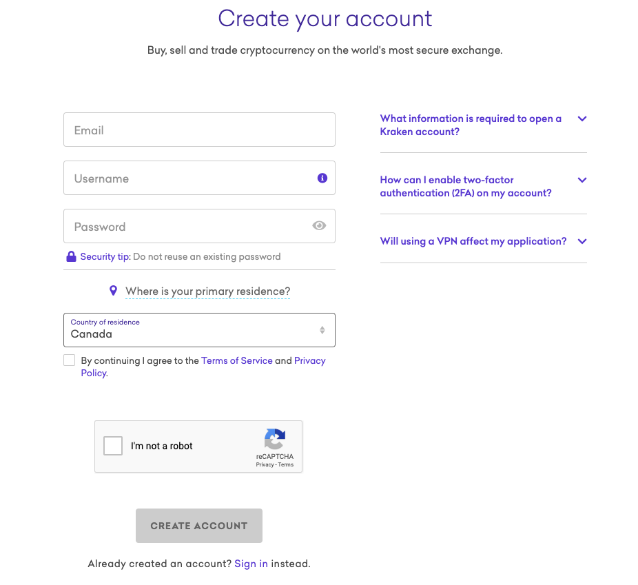 Kraken - opret din konto